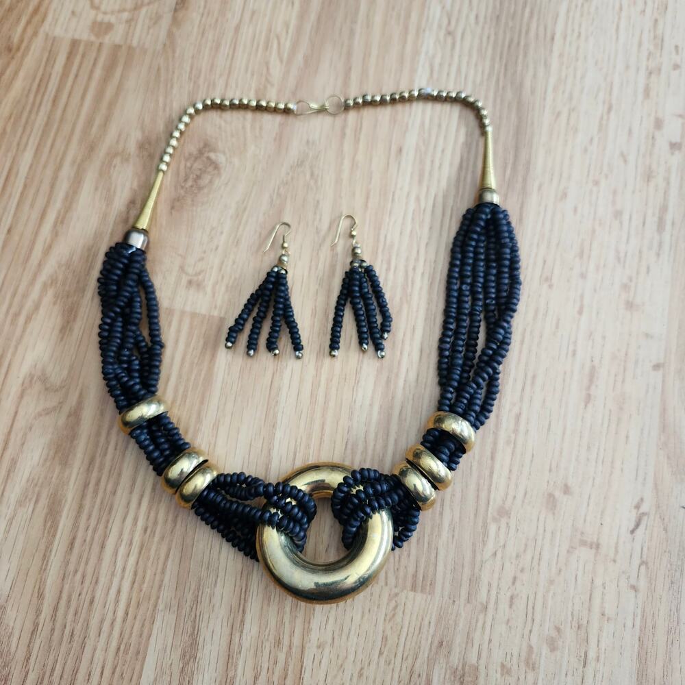 Black‎ Beaded Necklace Earrings Set Gold Tone Multi Strand Statement Boho 25in